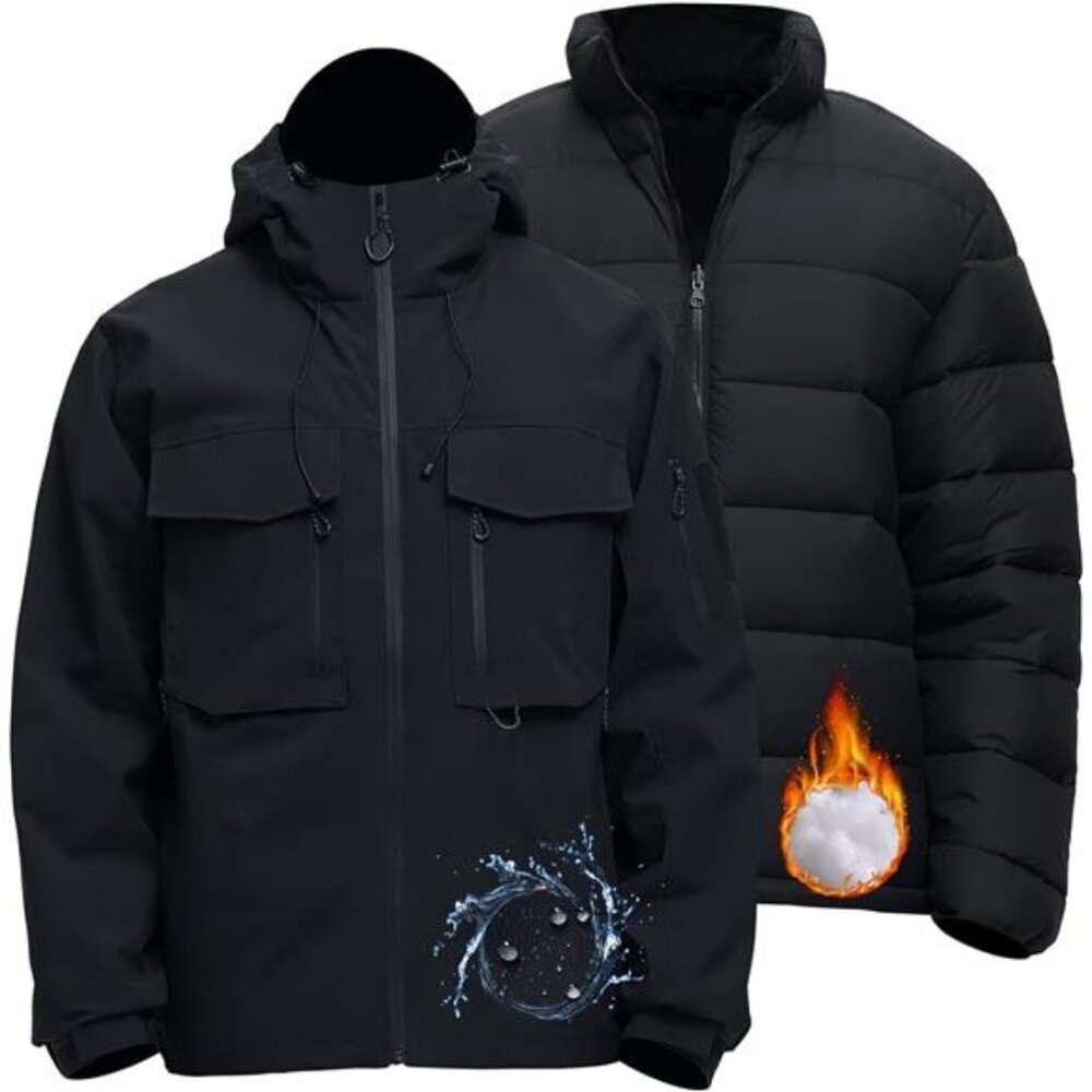 Men's 3 in 1 Waterproof Winter Jacket Ski Warm Snow Rain Coat Hood Windbreaker